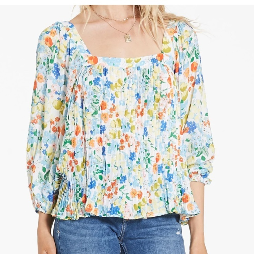 Dear John Brielle Rayon Pleated Floral Puff Sleeve Square Neck Blouse